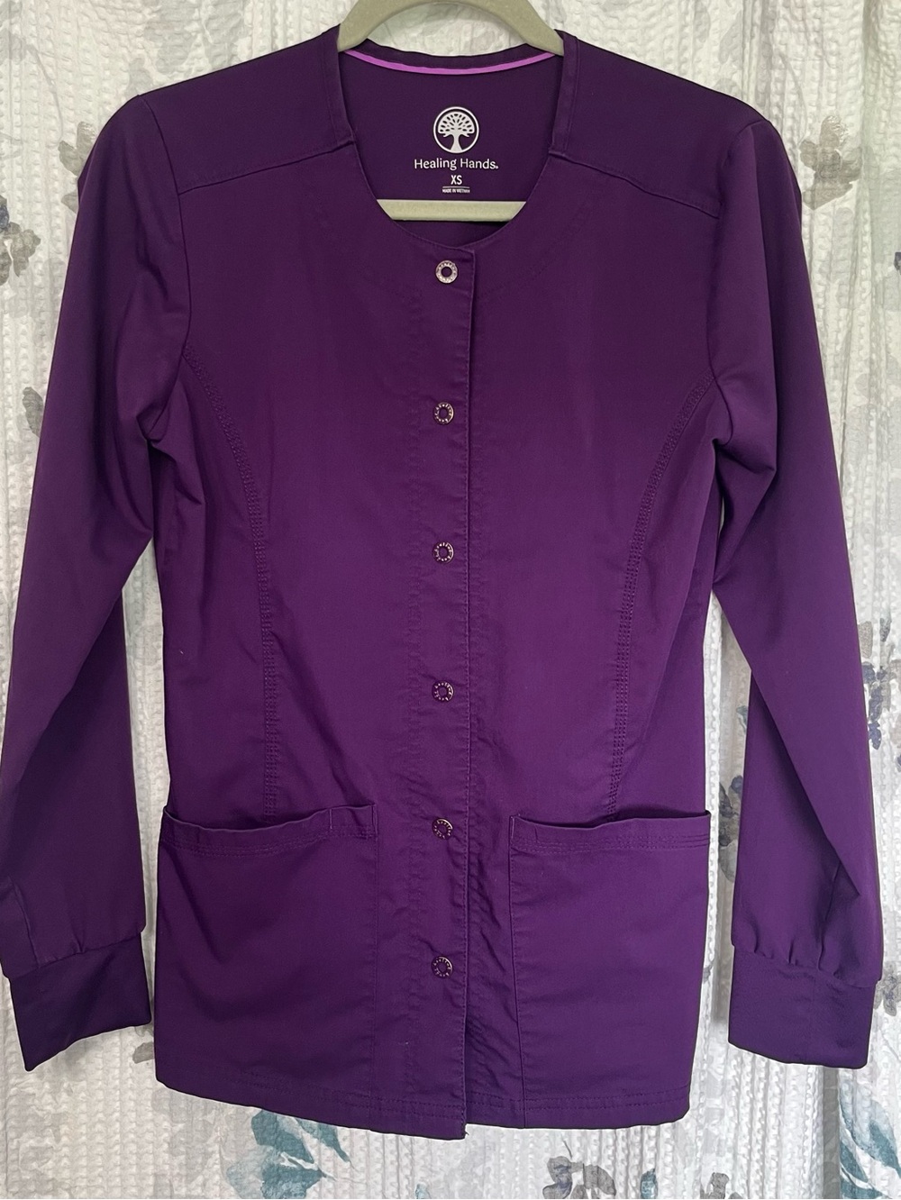 Healing Hands Purple Label "Daisy" Women's Warm-Up Scrub Jacket in Eggplant. XS